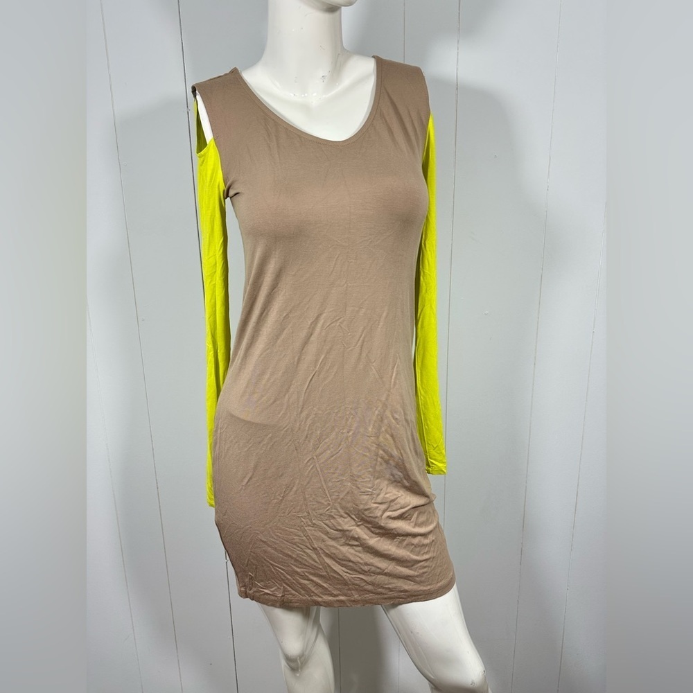NWT Josh Brody Long Sleeve Colorblock Top Tunic Dress Open Shoulder Sz M Taupe